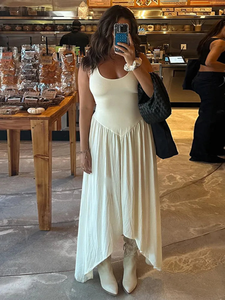 Elegant Sleeveless Slim Long Dress For Women 2024 Holiday Casual Street Solid Color Dress Pleats Irregular Vest Vestido