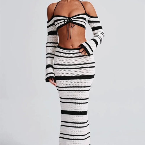 Load image into Gallery viewer, Striped Knit Skirt Two Piece Sets Women Strapless Long Sleeve Crop Tops And Maxi Skirt Sexy Two Piece Sets Knitwear
