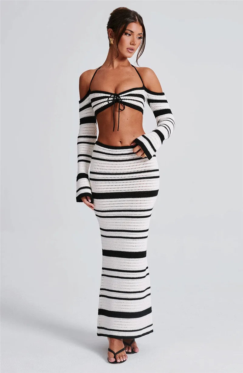 Striped Knit Skirt Two Piece Sets Women Strapless Long Sleeve Crop Tops And Maxi Skirt Sexy Two Piece Sets Knitwear