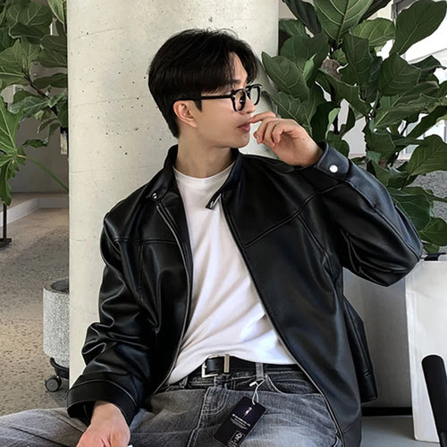 Load image into Gallery viewer, Men&#39;s Jacket New American Style Motorcycle PU Leather Trendy Stand Collar Solid Color Stylish Male Casual Clothing 9W1820
