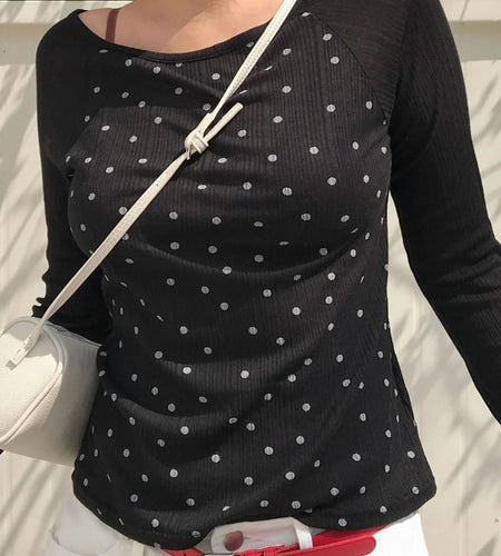 y2k T Shirts Women Aesthetic Clothing Polka Dot Print Round Neck Long Sleeve Crop Tops 2000s Clothes Fashion Streetwear