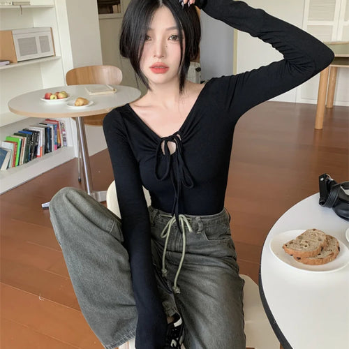 Load image into Gallery viewer, Korean Sexy T Shirt Women Vintage Streetwear Solid Bandage Top Harajuku Fairycore Shirts Long Sleeve Tees Spring Summer
