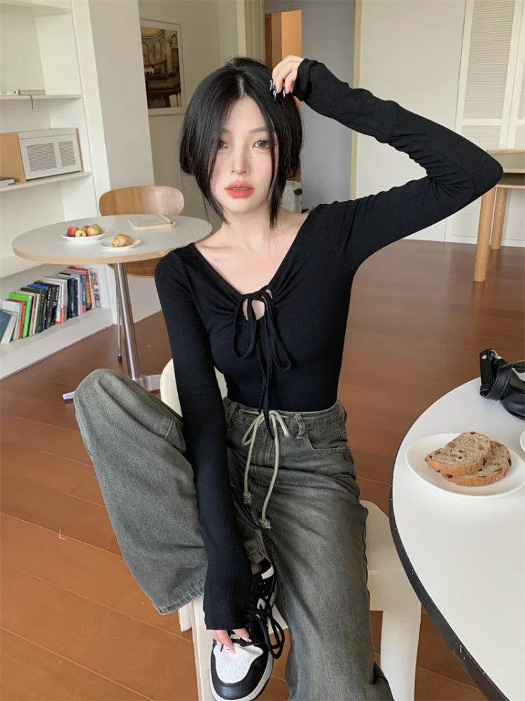 Korean Sexy T Shirt Women Vintage Streetwear Solid Bandage Top Harajuku Fairycore Shirts Long Sleeve Tees Spring Summer