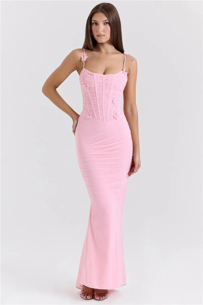 Bow Spaghetti Strap Sexy Maxi Dress For Women Gown Elegant Off-shoulder Sleeveless Backless Evening Club Party Dress