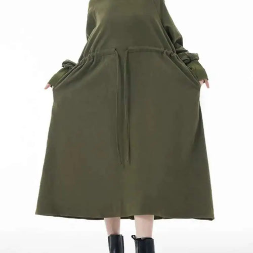 Load image into Gallery viewer, Women Army Green Big Size A-line Long Dress New Round Neck Long Sleeve Loose Fashion Tide Spring Autumn 2025 1DH3874
