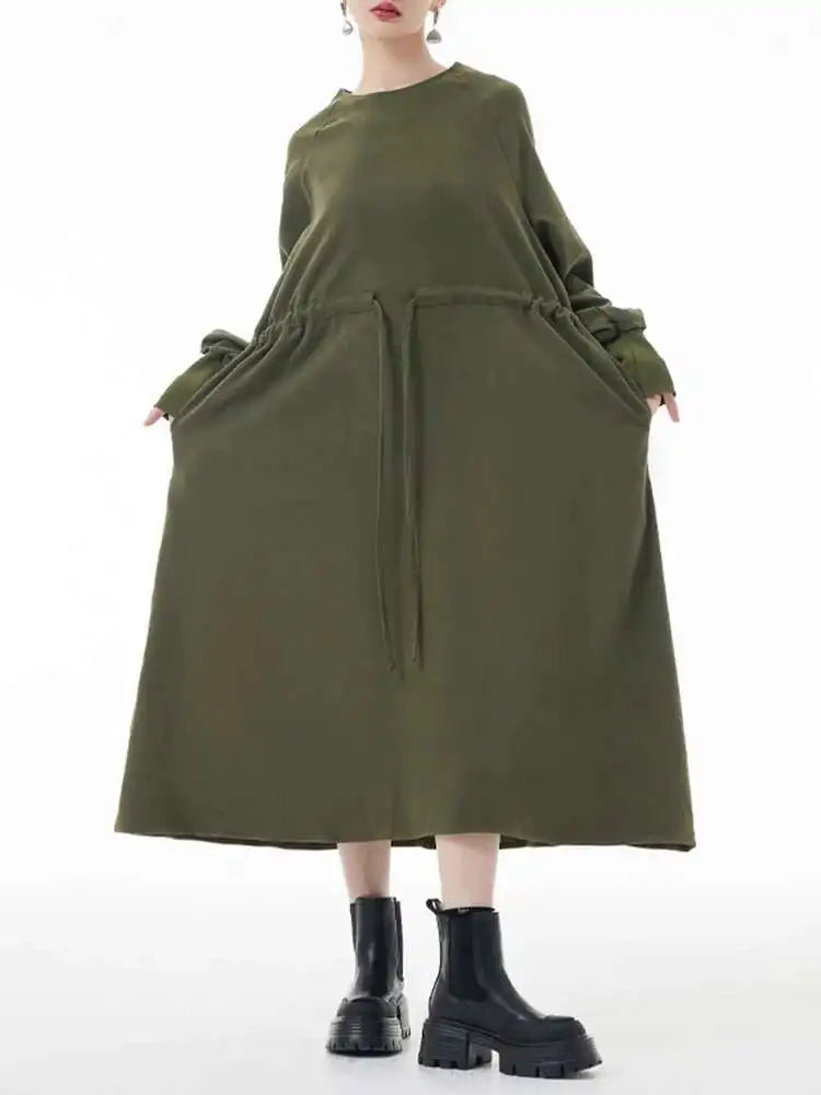 Women Army Green Big Size A-line Long Dress New Round Neck Long Sleeve Loose Fashion Tide Spring Autumn 2025 1DH3874