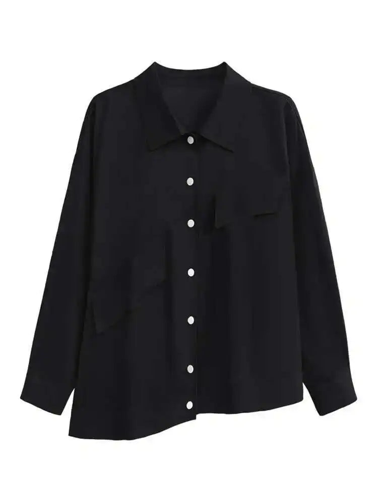 Women Blue Big Size Irregular Casual Blouse New Lapel Long Sleeve Loose Fit Shirt Fashion Tide Spring Autumn 2025 1DH3555