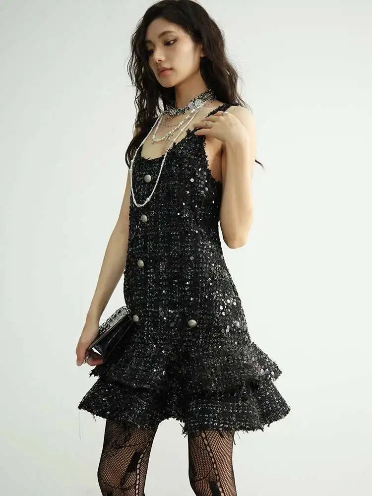 Women Black Sequins Tassels Ruffles Mini Elegant Dress New Round Neck Sleeveless Fashion Tide Spring Autumn 2025 1DH8269
