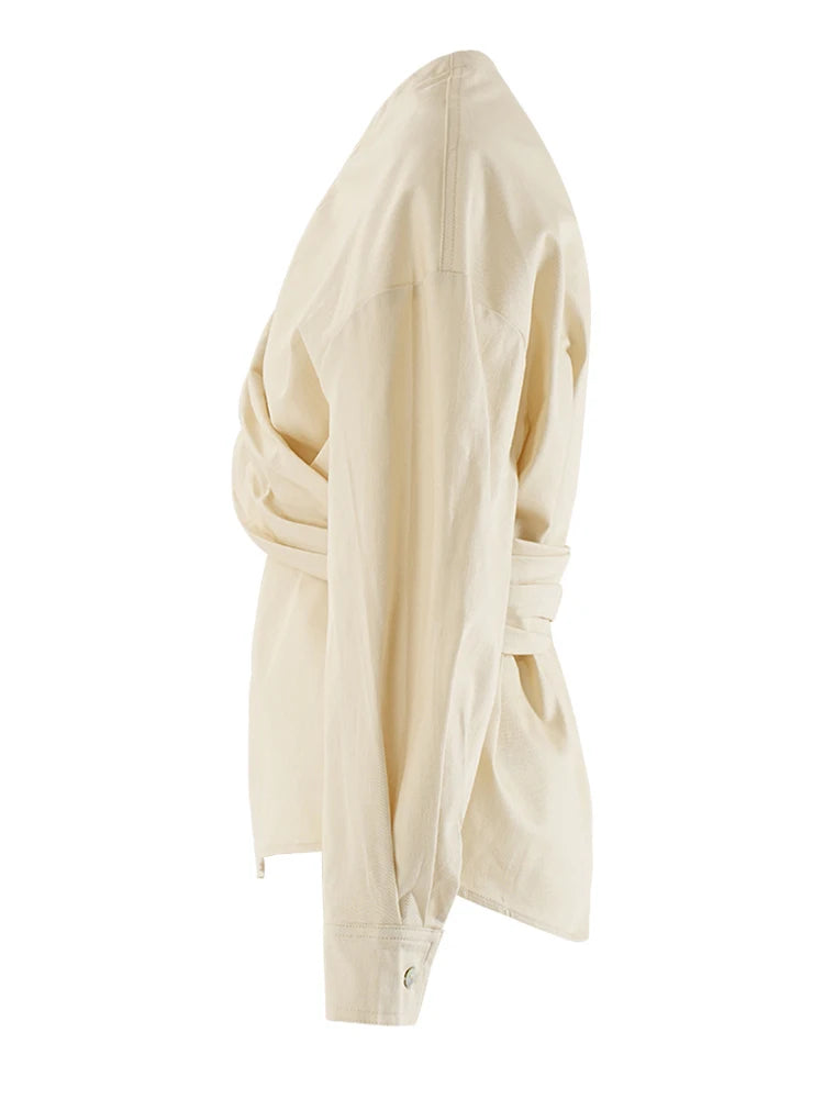 Women Light Yellow Irregular Corss Big Size Elegant Blouse New V-neck Long Sleeve Shirt Fashion Spring Autumn 2025 26D4283