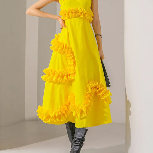 Load image into Gallery viewer, Solid Spliced Ruffles Loose Dresses For Women O Neck Sleeveless High Waist Temperament Long Dress Female Fashion
