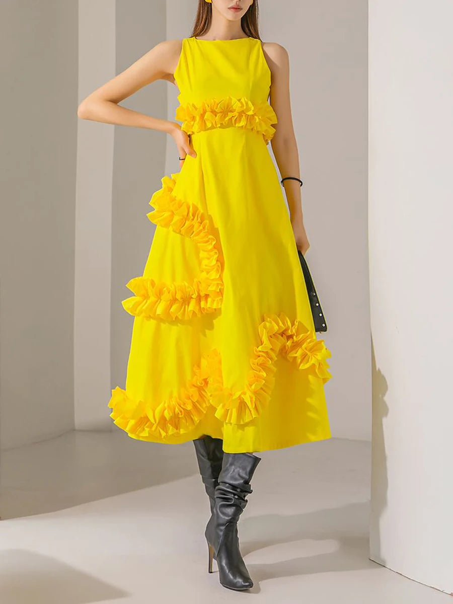 Solid Spliced Ruffles Loose Dresses For Women O Neck Sleeveless High Waist Temperament Long Dress Female Fashion