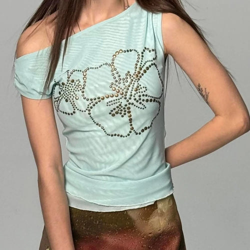 Load image into Gallery viewer, Summer Sexy Slash Neck Pleated Gauze Tshirts Women Y2k Aesthetic Rivet Flower Grunge Tops Harajuku Vintage Fairy Bodycon Tees
