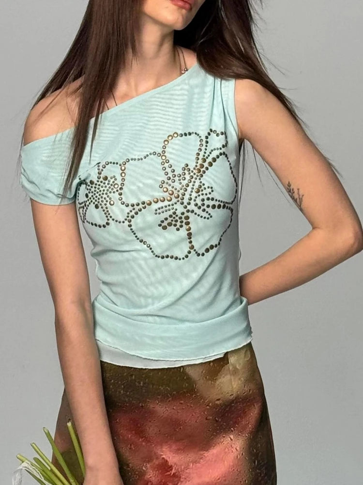 Summer Sexy Slash Neck Pleated Gauze Tshirts Women Y2k Aesthetic Rivet Flower Grunge Tops Harajuku Vintage Fairy Bodycon Tees