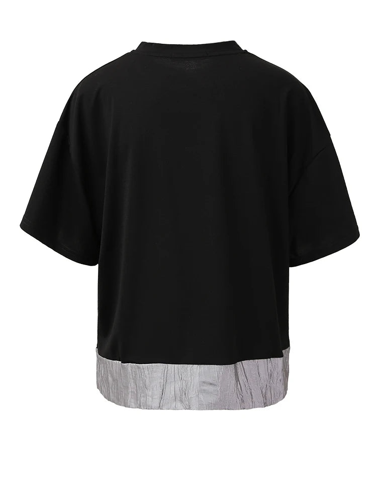 Women Black Pocket Color-block Topstitched Big Size T-shirt New Round Neck Short Sleeve Fashion Spring Summer 2025 1DH5356