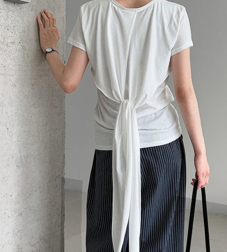 Women White Gray Waist Bandage Brief Elegant T-shirt New Round Neck Short Sleeve Fashion Tide Spring Summer 2025  1DJ1897