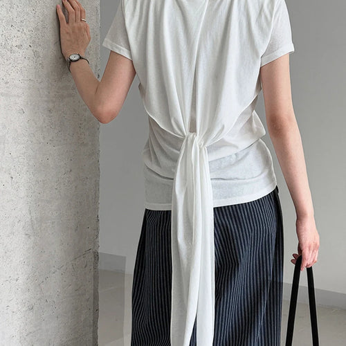 Load image into Gallery viewer, Women White Gray Waist Bandage Brief Elegant T-shirt New Round Neck Short Sleeve Fashion Tide Spring Summer 2025  1DJ1897
