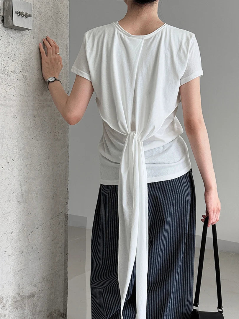 Women White Gray Waist Bandage Brief Elegant T-shirt New Round Neck Short Sleeve Fashion Tide Spring Summer 2025  1DJ1897