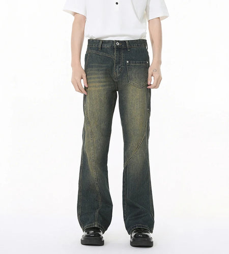 Korean Style Men's Denim Pants Solid Color Splicing Casual Worn-out Bottom Straight Leg Slim Male Jeans Streetwear 9W1270