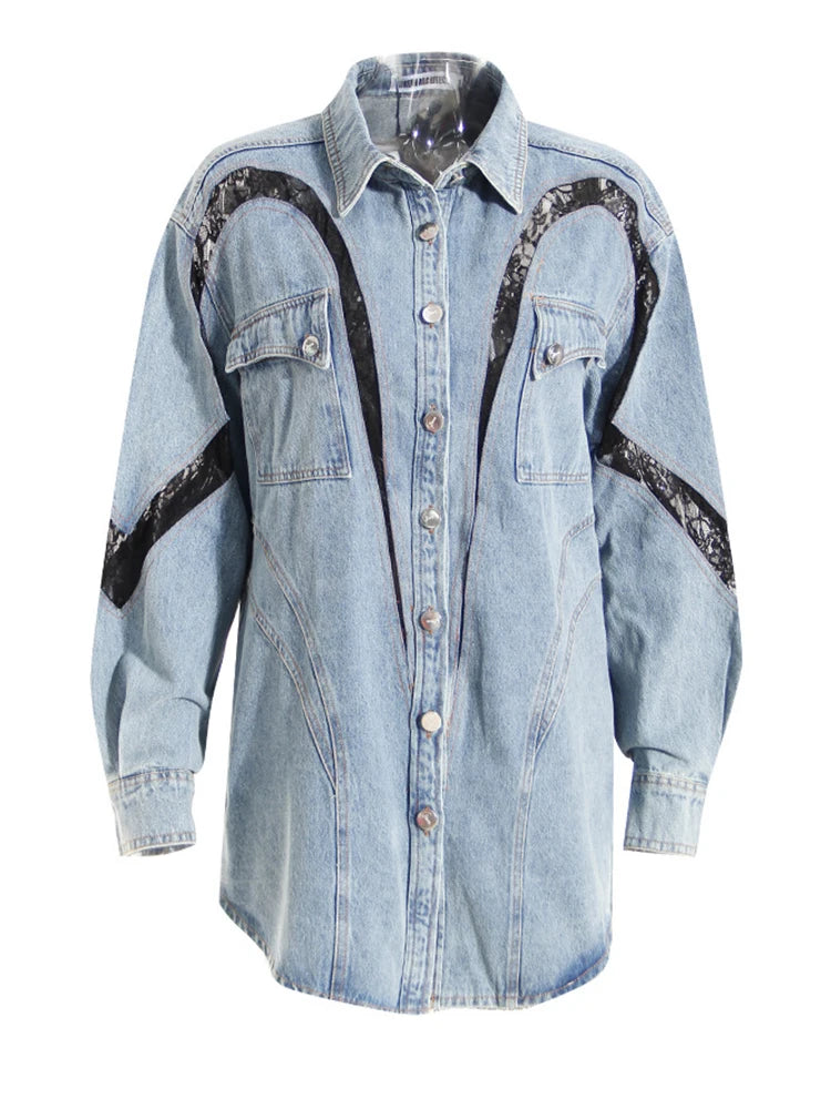Loose Fit Blue Denim Lace Big Size Casual Jacket New Lapel Long Sleeve Women Coat Fashion Tide Spring Autumn 2025 1DH1698