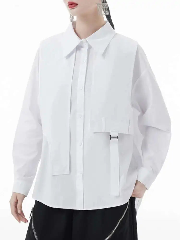 Women White Big Size ribbon Casual Blouse New Lapel Long Sleeve Loose Fit Shirt Fashion Tide Spring Autumn 2025 1DH3500