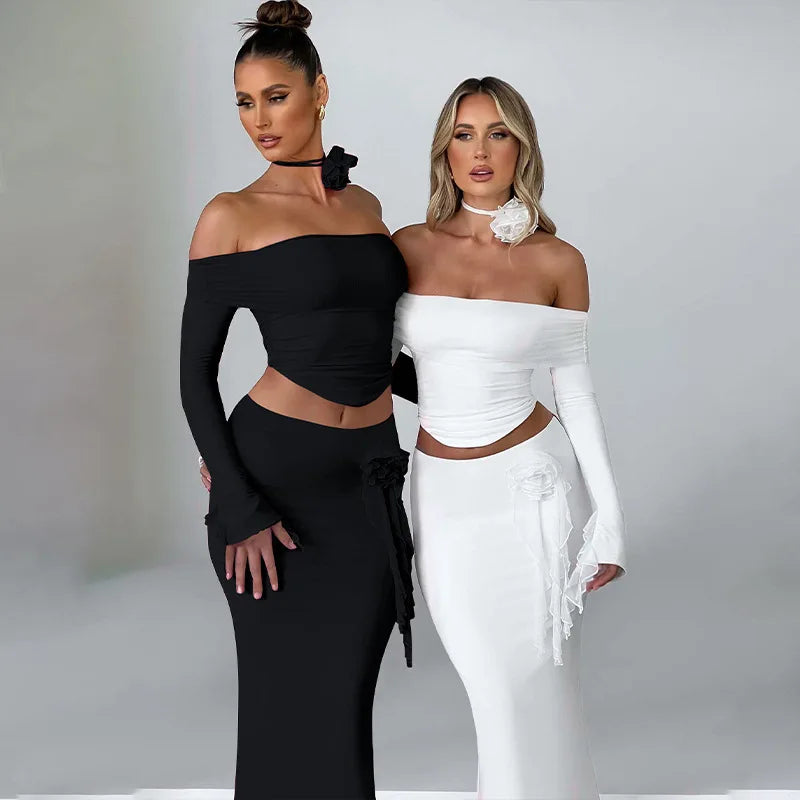 Elegant Halter 3D Flower Two Piece Sets Women Fashion Off-shoulder Tops And Maxi Skirt Matching Sets Bodycon Sexy Dress