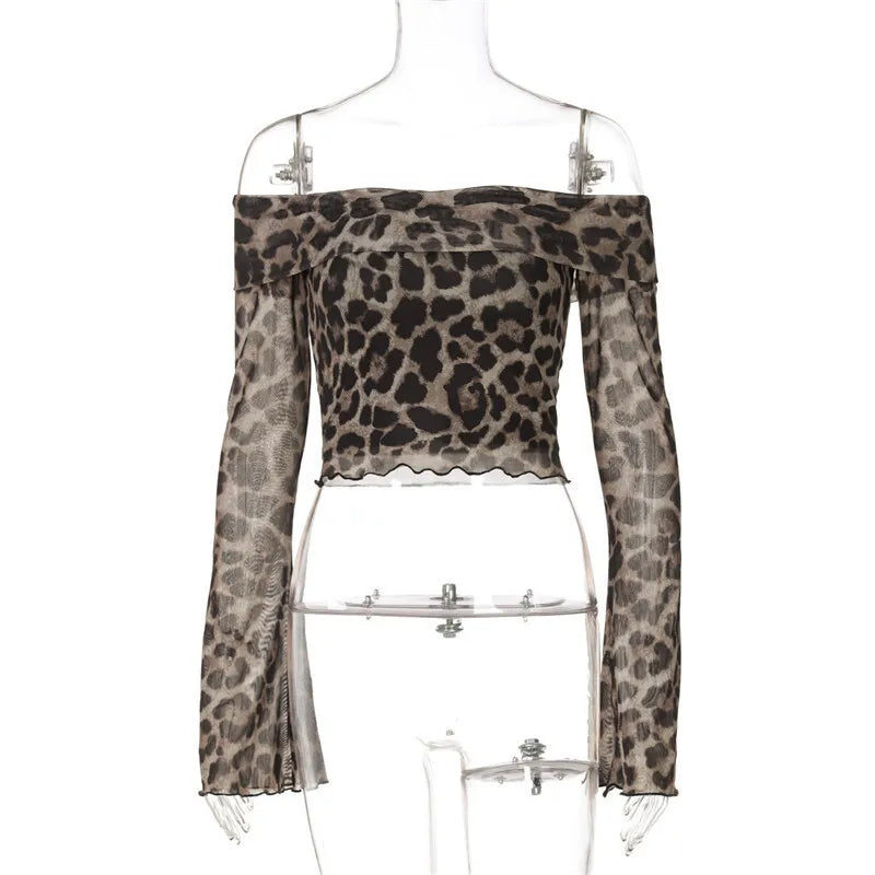 Leopard Print Long Sleeve T-shirt Women Off-shoulder Backless Crop Tops Female Fashion Printed Strapless Tees Tops