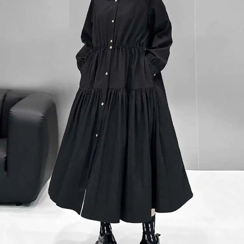 Load image into Gallery viewer, Women Black Big Size Elegant Shirt Dress Brief Pleated Hem New Lapel Long Sleeve Fashion Tide Spring Autumn 2025 1DH9327
