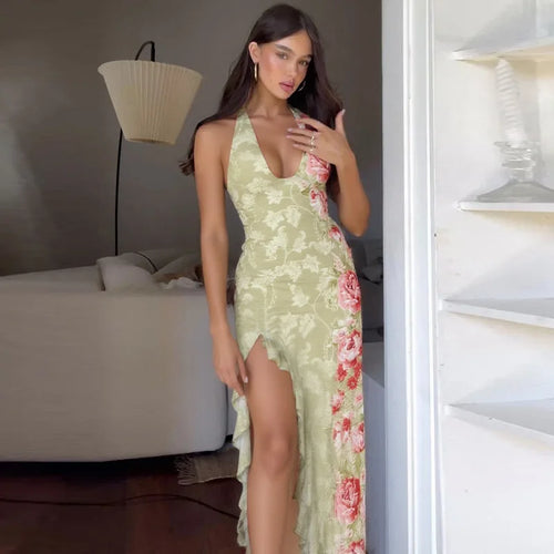 Load image into Gallery viewer, Halter Backless Print Sexy Maxi Dress Women Deep V Neck Sleeveless Thigh High Split Ruffled Sexy Club Beach Long Dress
