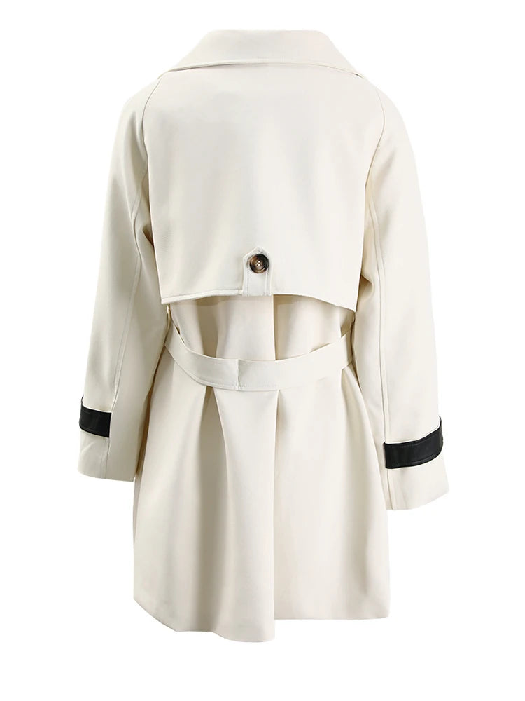 Women Beige Color-block Leather Big Size Trench New Lapel Long Sleeve Windbreaker Fashion Tide Spring Autumn 2025 CPG1307