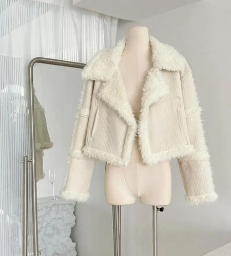 Korean Women Beige Spliced Lamb Wool Short Jacket Winter Elegant Long Sleeve Loose Lapel Warm Cardigan Coat New Lady Thick Trend