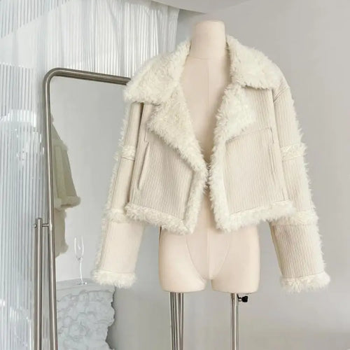 Load image into Gallery viewer, Korean Women Beige Spliced Lamb Wool Short Jacket Winter Elegant Long Sleeve Loose Lapel Warm Cardigan Coat New Lady Thick Trend
