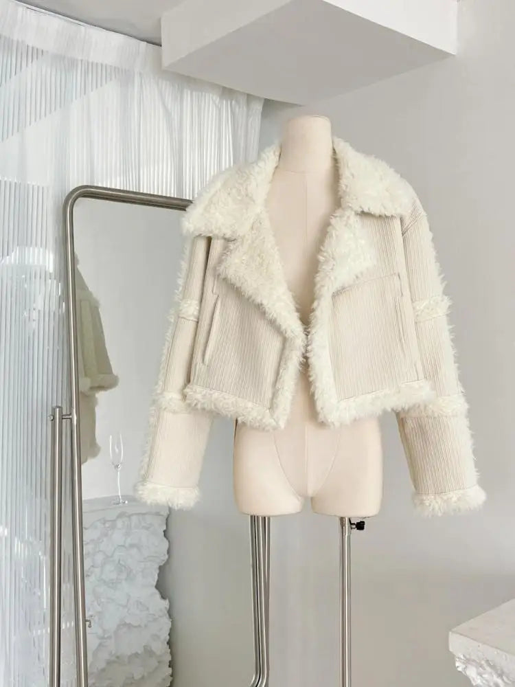 Korean Women Beige Spliced Lamb Wool Short Jacket Winter Elegant Long Sleeve Loose Lapel Warm Cardigan Coat New Lady Thick Trend