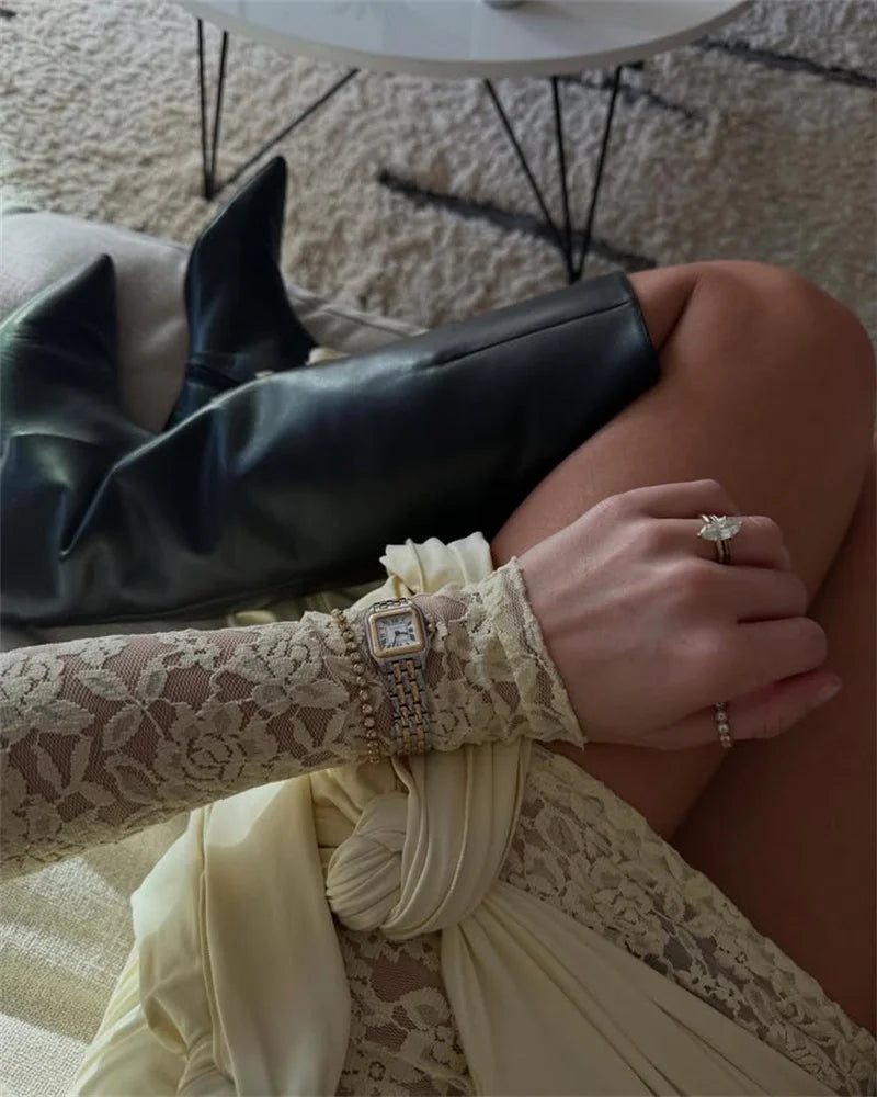 Lace See Through Draped Mini Dress Women Robe Elegant Patchwork Long Sleeve Slim Ruched Club Party Dress Clubwear