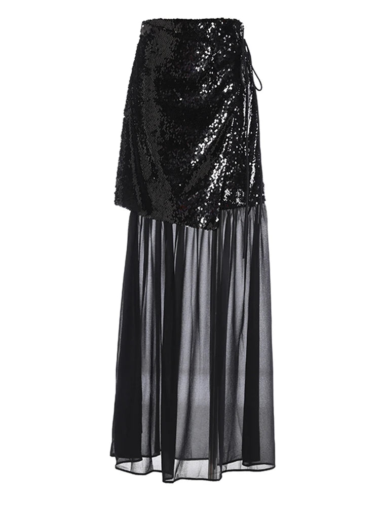 High Waist Wine Red Sequins False Mesh Long Elegant Half-body Skirt Women Fashion Tide New Spring Autumn 2025 1DH9402