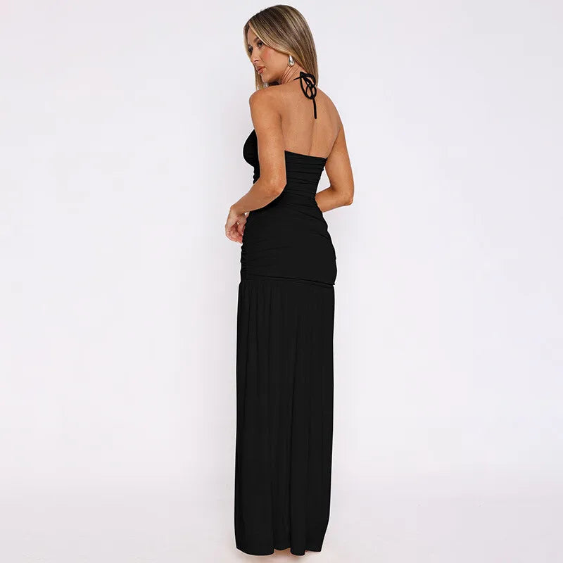 Spaghetti Strap Split Sexy Maxi Dress For Women Elegant Halter Sleeveless Backless High Waist Bodycon Club Party Dress