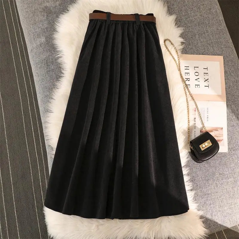 Retro Corduroy Black Pleated Umbrella Skirts For Women Autumn Winter Fashion Korean Streetwear Harajuku Brown Long Skirt Elegan