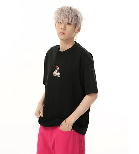 Men's T-shirts Short Sleeve New Korean Cartoon Print Embroidery Design Solid Color Round Neck Casual Trend T-shirt 9W1683