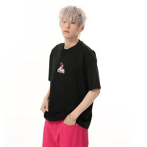 Load image into Gallery viewer, Men's T-shirts Short Sleeve New Korean Cartoon Print Embroidery Design Solid Color Round Neck Casual Trend T-shirt 9W1683
