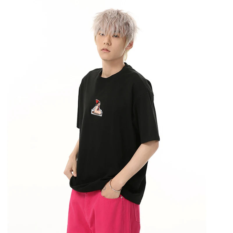 Men's T-shirts Short Sleeve New Korean Cartoon Print Embroidery Design Solid Color Round Neck Casual Trend T-shirt 9W1683