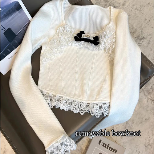 Load image into Gallery viewer, Women Fashion With Rhinestone Bow Crop Ribbed Knit Blouses Y2K O Neck Long Sleeve Female Knitting Sweater Tops With Lace  C-291
