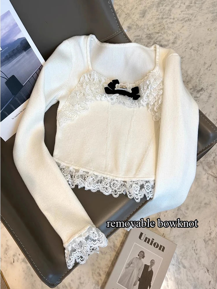 Women Fashion With Rhinestone Bow Crop Ribbed Knit Blouses Y2K O Neck Long Sleeve Female Knitting Sweater Tops With Lace  C-291