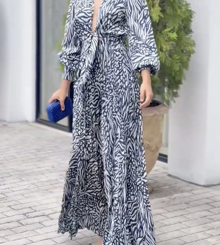 Summer Women ‘s Elegant Deep V-Neck Jumpsuits 2025 Ubran Printed Long Sleeves Lapel Female Wide Leg one pieces Jumpsuit