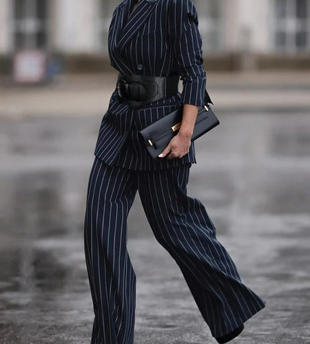 Blazers for Women Fall Spring Outerwear V-Neck Long Sleeves Striped Urban Ladies Clothing Jacket with Belt