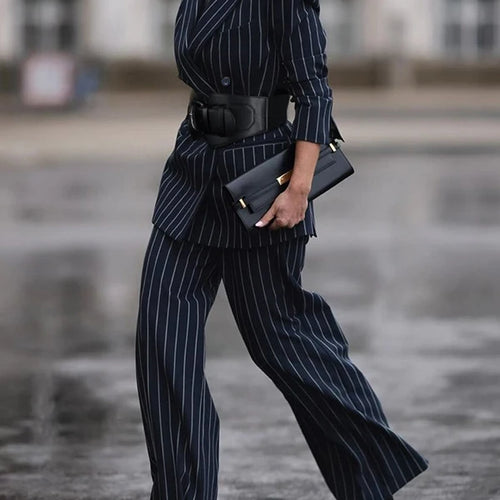 Load image into Gallery viewer, Blazers for Women Fall Spring Outerwear V-Neck Long Sleeves Striped Urban Ladies Clothing Jacket with Belt
