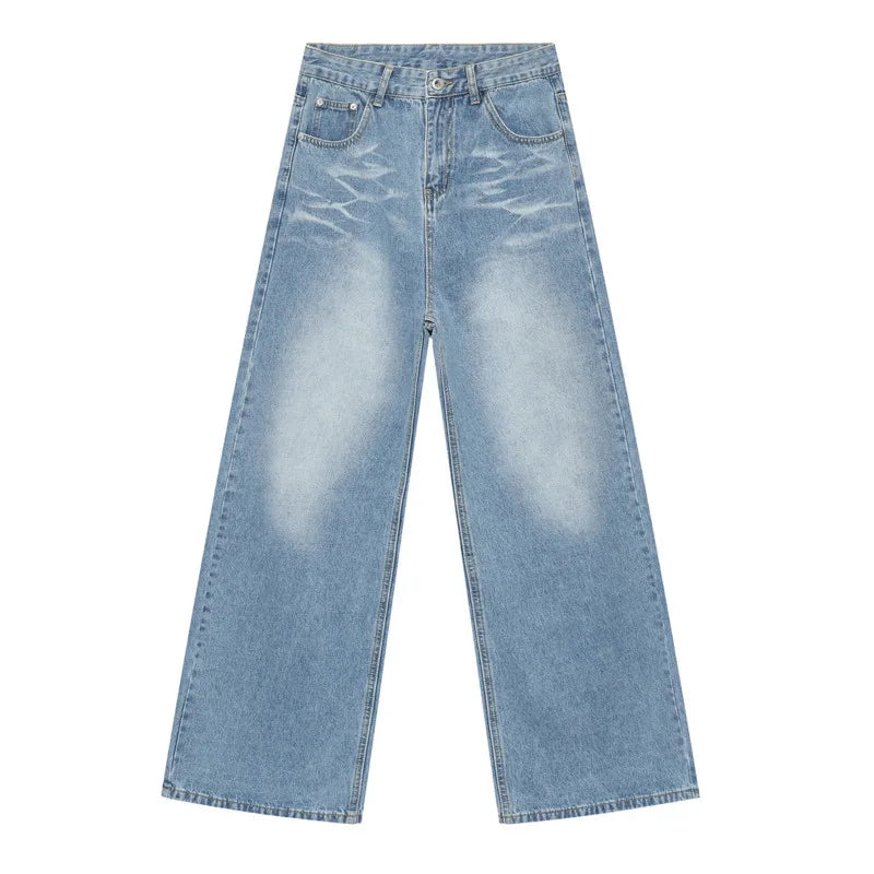 Loose Casual Men's Denim Pants New Cat Beard Washed Grinding White Light Grey Straight Wide Leg Jeans Four Seasons 9C4276