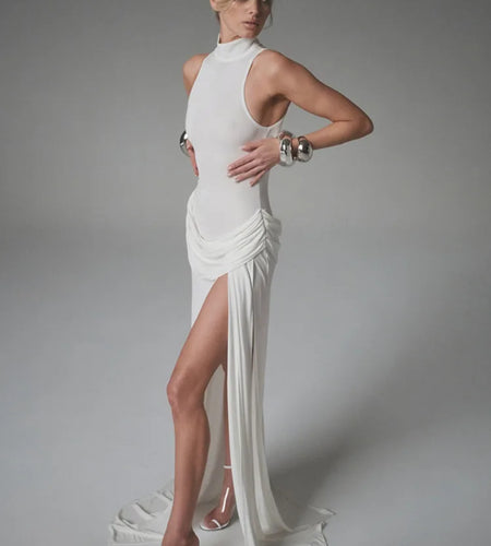 Summer Split Maxi Tank Dress Women Gown Fashion Solid Elegant High Waist Ruched Slim Evening Club Party Long Dress