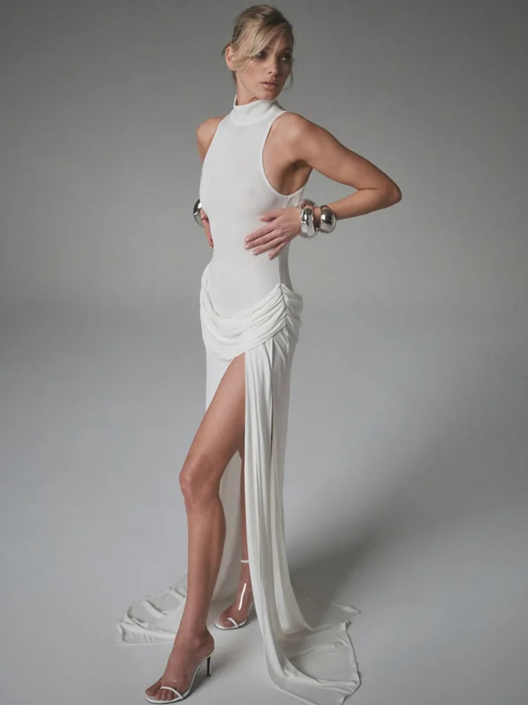 Summer Split Maxi Tank Dress Women Gown Fashion Solid Elegant High Waist Ruched Slim Evening Club Party Long Dress