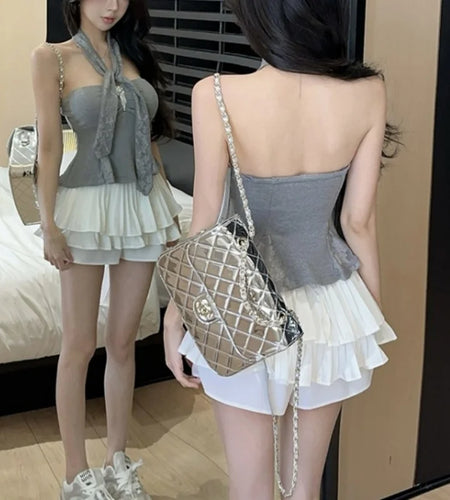 y2k Tube Tops Women Summer Metal Flower Decor Off Shoulder Strapless Sleeveless Bandeau Vest with Scarf Streetwear