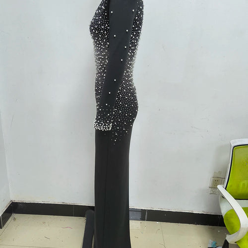 Load image into Gallery viewer, Solid Spliced Diamonds Slimming Dresses For Women V Neck Long Sleeve High Wiast Temperament Dress Femlae Fashion
