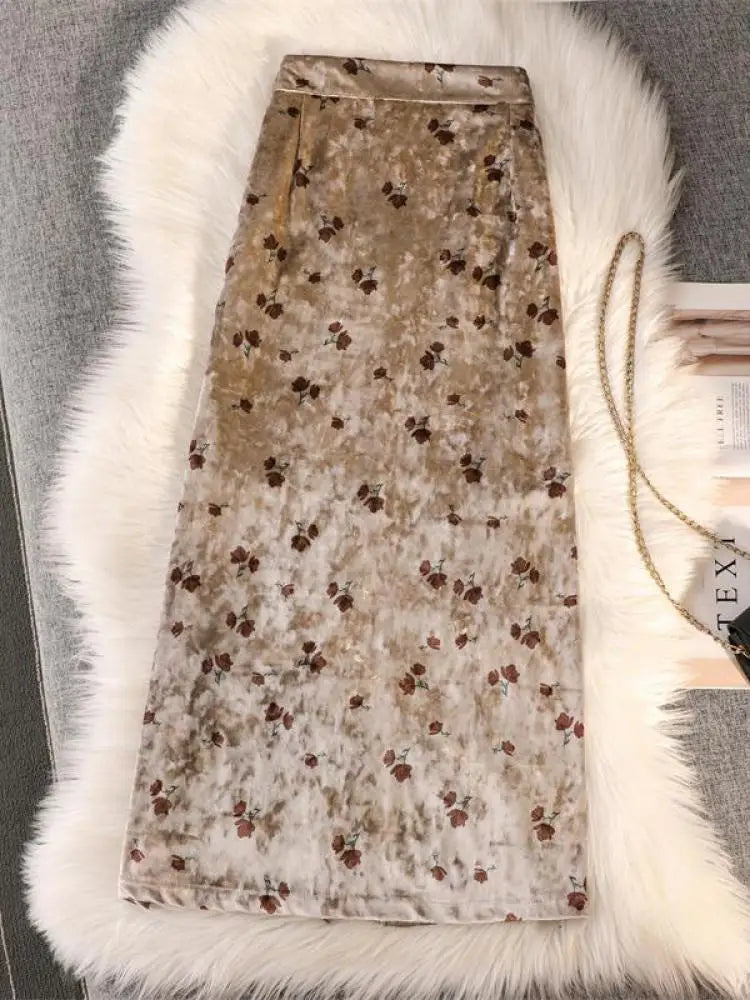 Women's Spring Autumn New Print Gold Velvet Slim Split Package Hip Skirts Ladies High Waist A-line Pleated Skirt Vintage French